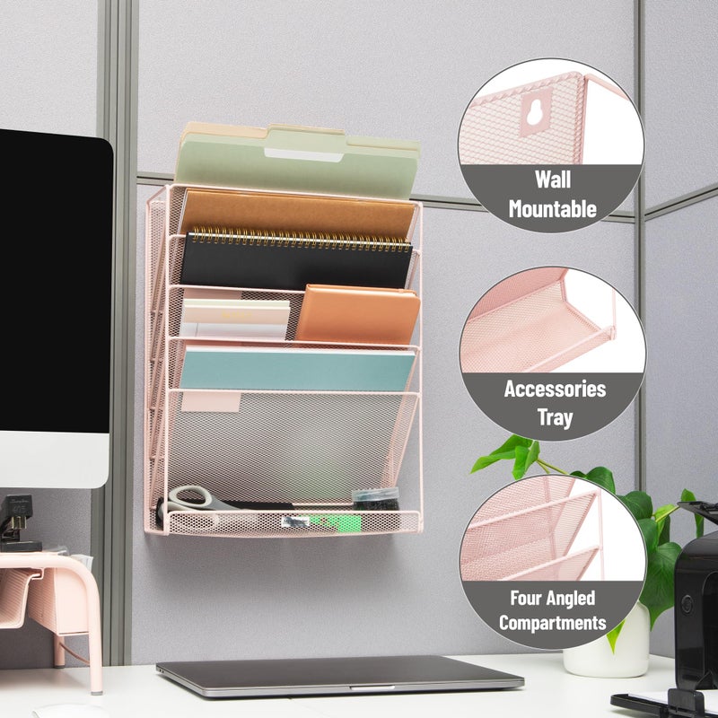 Mind Reader 5-Pocket Vertical File Storage, Desktop Organizer, Wall Mount, Office, Metal Mesh, Pink - Image 4